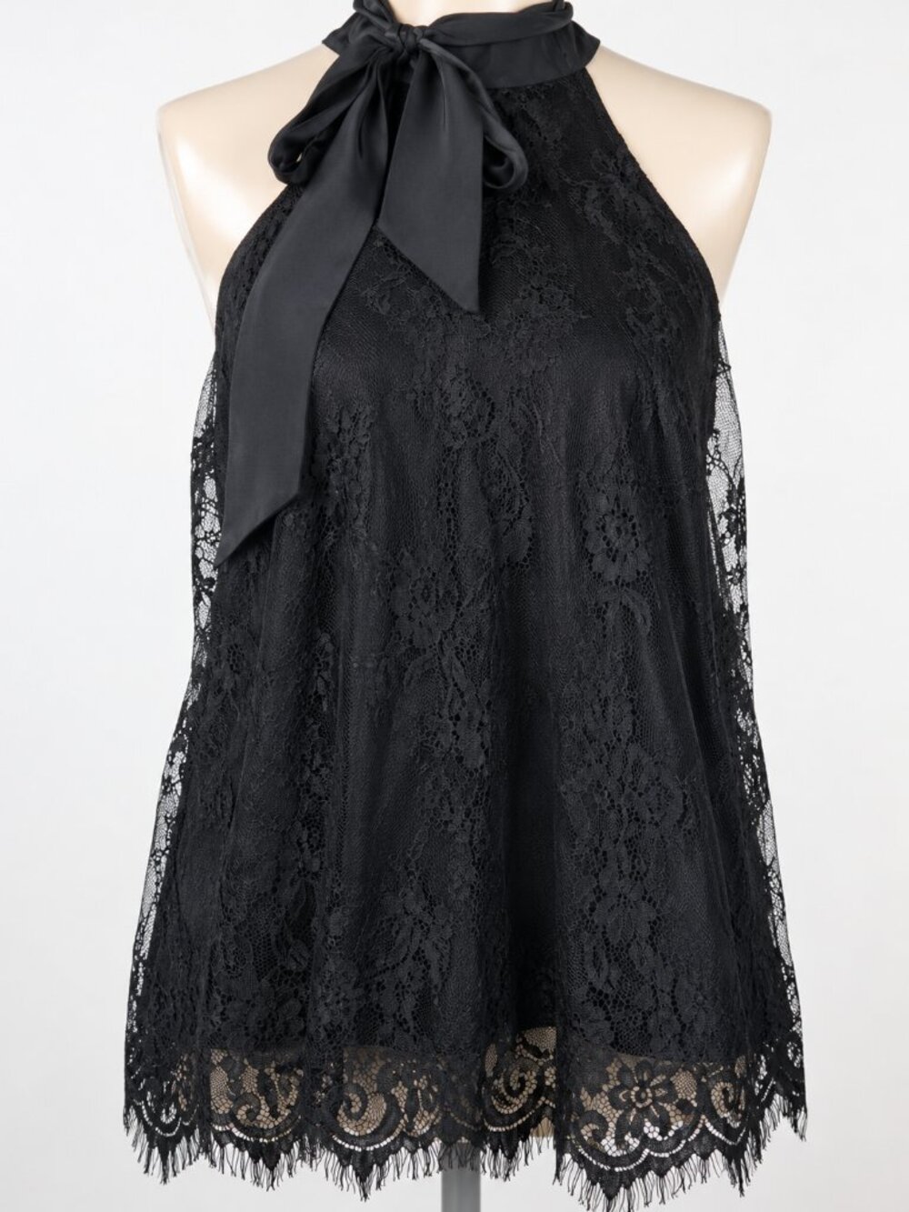 Parker Black Floral Lace Halter Top Detachable Bow Scalloped Hem Small